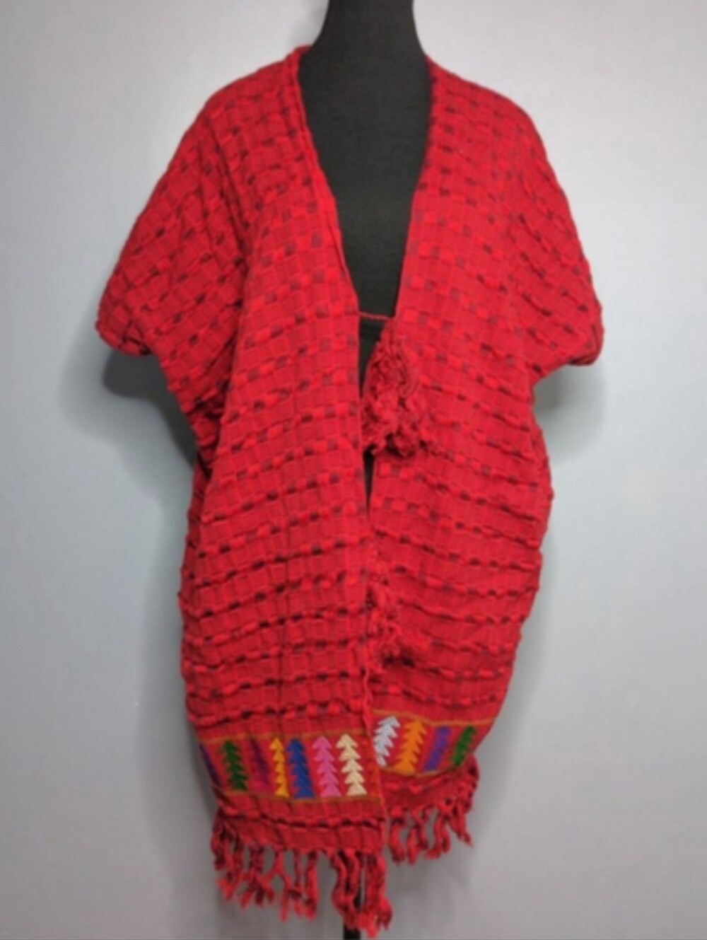 Vintage Guatemalan Huipil Poncho Handwoven Mayan Open Front Ruana Cape Red Boho